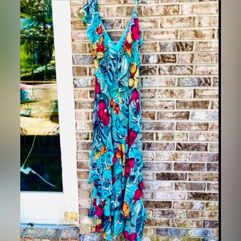 Y2K Turquoise Beaded Tropical Floral Ruffle Prom Dress Gown - Picture 7 of 7